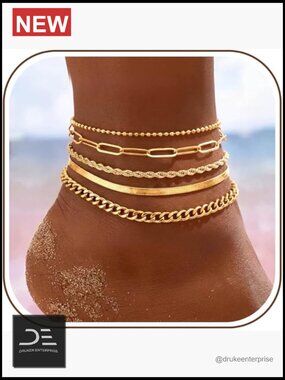 5Pcs Dainty Anklet Set Waterproof Stainless Steel 14K Gold Plated Non Tarnish